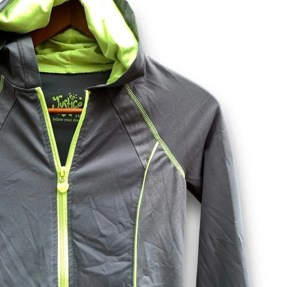 Justice Track Jacket Full Zip Grey Neon Green Lightweight Girl’s size 10